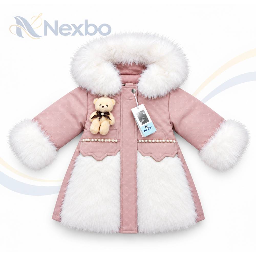 Toddler Girls Elegant Faux Fur Winter Coat with Plush Teddy Bear Accessory