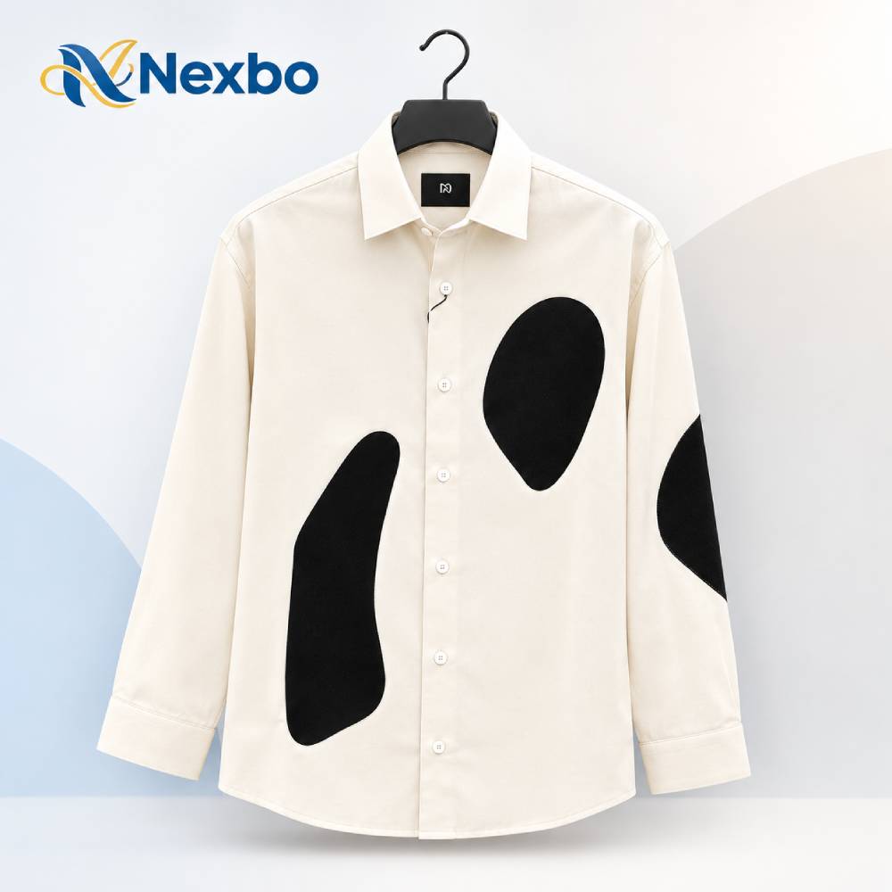 Men's Contrast Abstract Patch Casual Cream Shirt