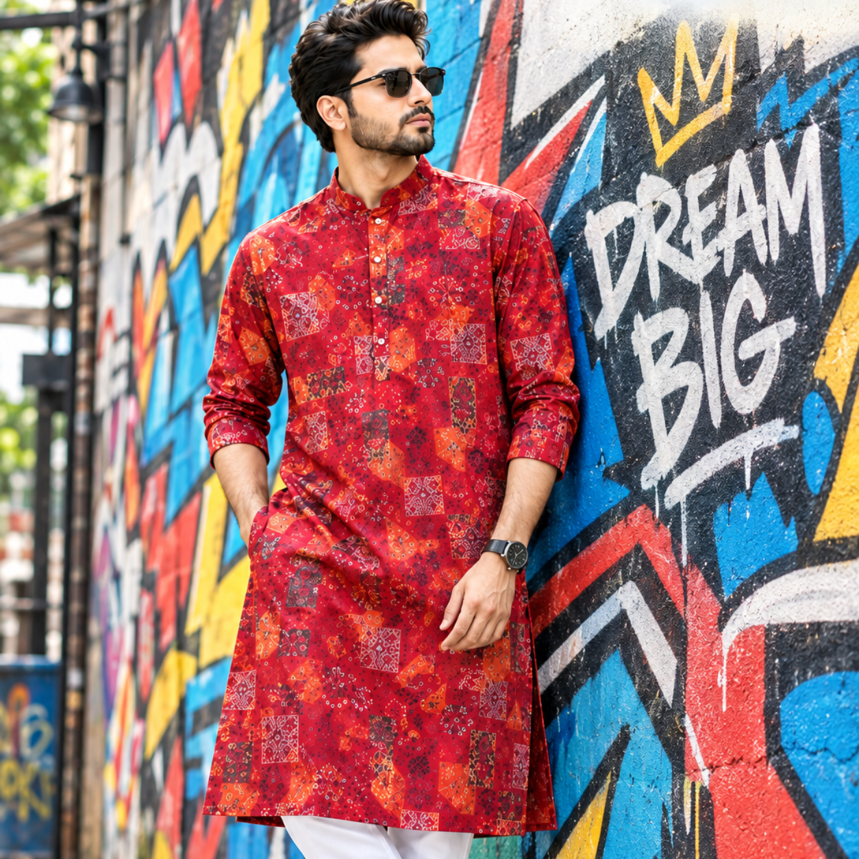 Men's Crimson Red Abstract Print Cotton Panjabi