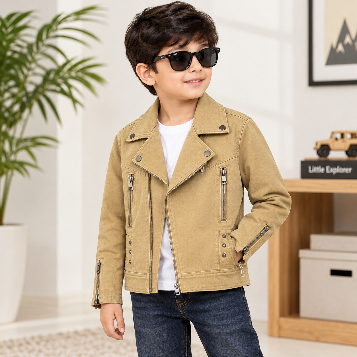 Kids Premium Beige Biker Jacket – Stylish Zipper Design