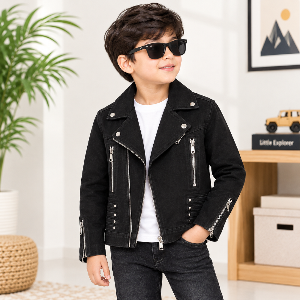 Kids Premium Black Biker Jacket – Rhinestone Back Design