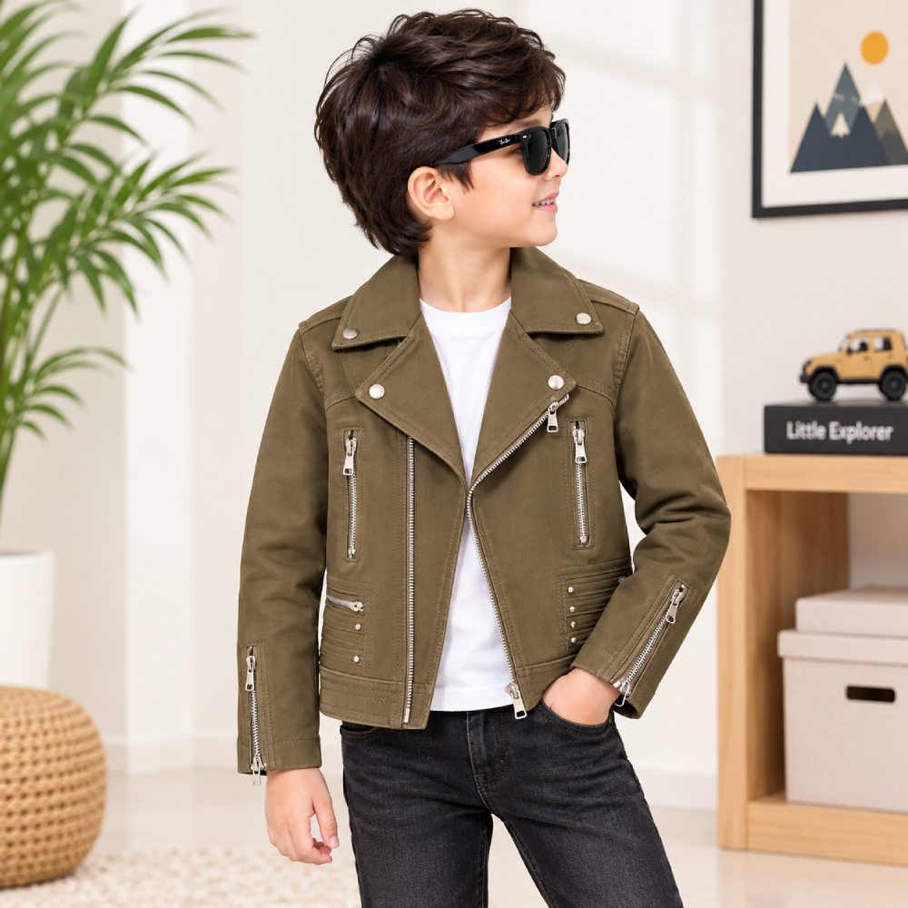 Kids Premium Olive Green Biker Jacket