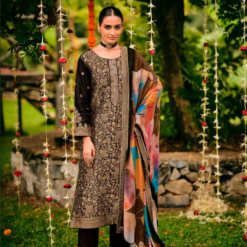 Premium Black Viscose Dola Jacquard 3-Piece Suit with Arik Silk Dupatta