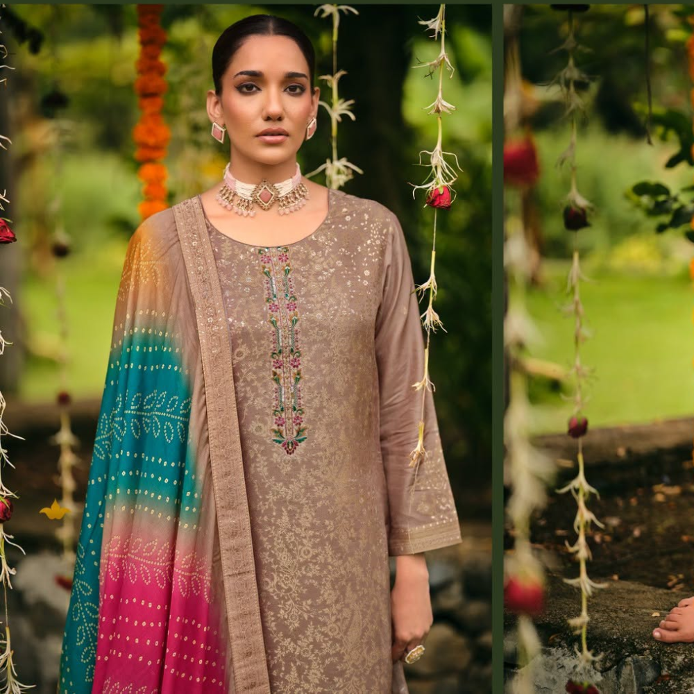 Premium Taupe/Brown Viscose Dola Jacquard Suit with Arik Silk Dupatta