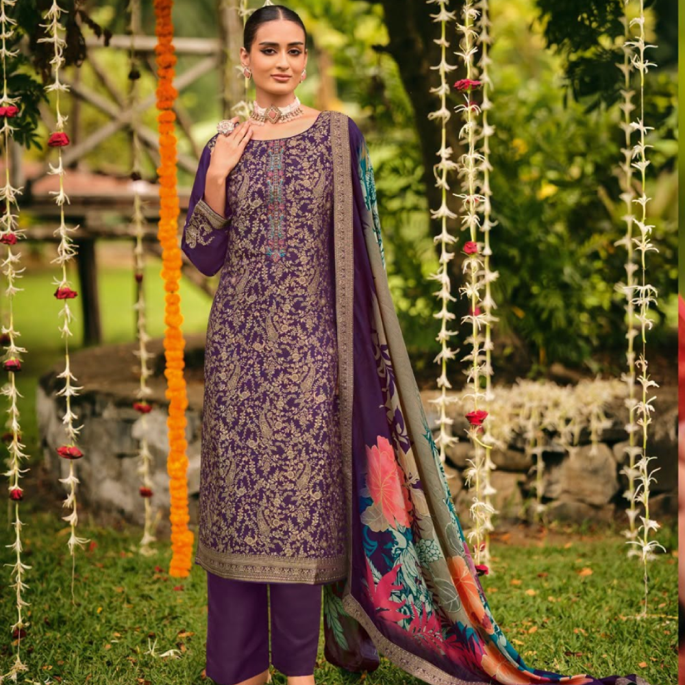 Pure Viscose Dola Jacquard Dyed Suit with Arik Silk Dupatta